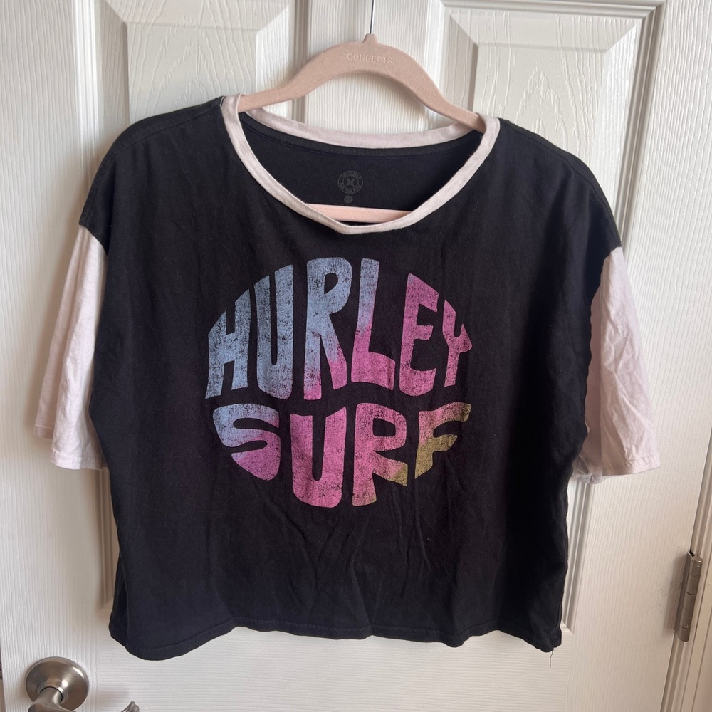 Hurley Surf Graphic‎ Tee Cropped Short Sleeve T-Shirt Top Black White Size S